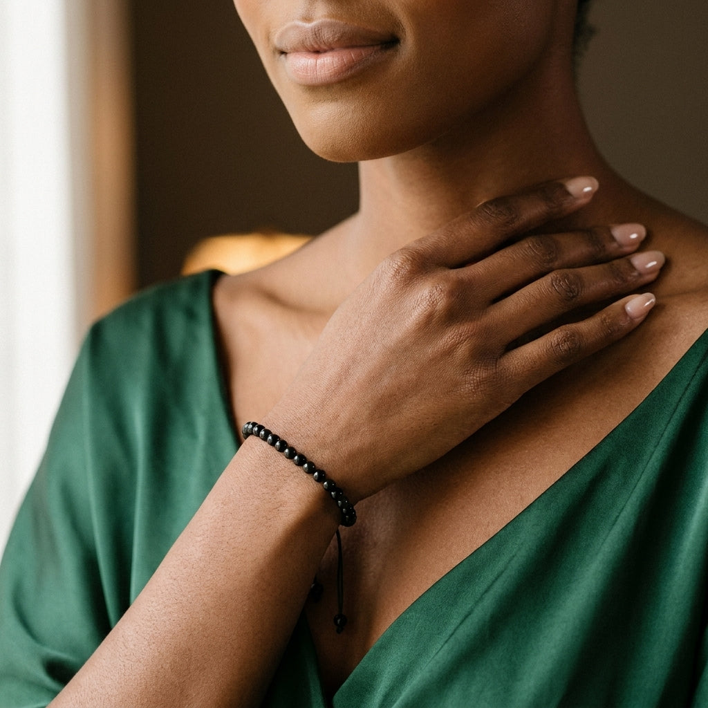 Black Onyx Thread Bracelet for Stress Relief & Protection - Lifestyle Female