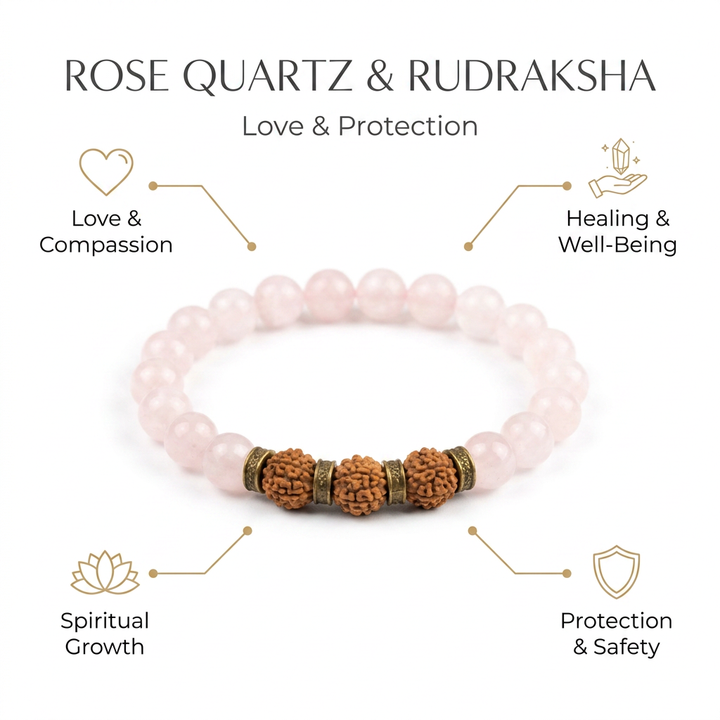 Rose Quartz with 5 Mukhi Rudraksha for love, healing, protection, sprititual growth & emotional balance. Zodiac: All - Infographic