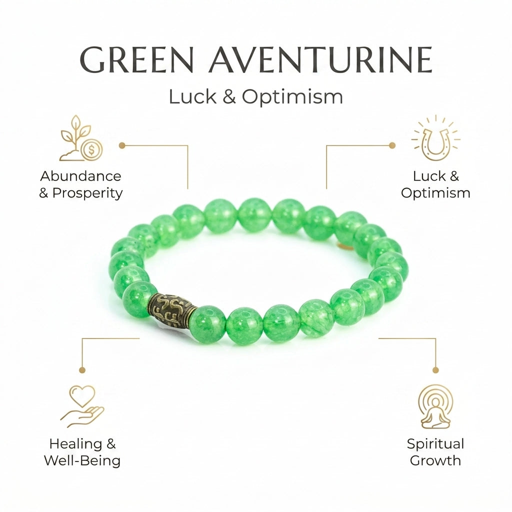 Green Aventurine for happiness, luck, optimism and prosperity - Infographic