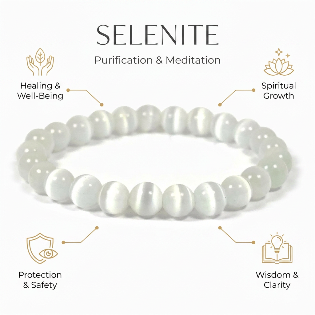 Selenite Bracelet for Purification & Meditation - Infographic