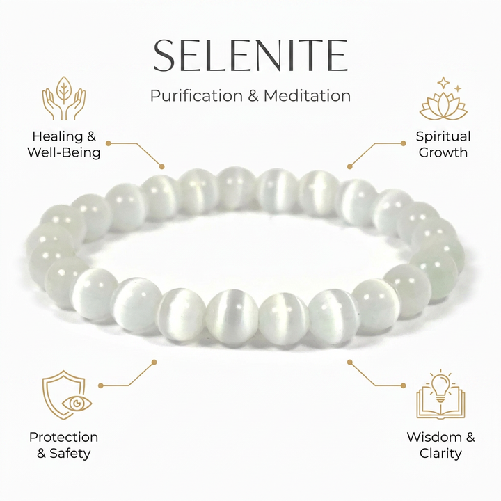 Selenite Bracelet for Purification & Meditation - Infographic