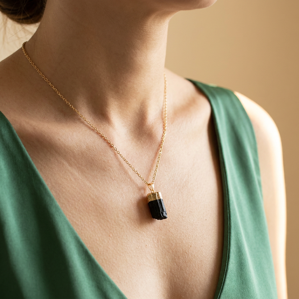 Raw Black Tourmaline Pendant in S925 Chain for Protection - Lifestyle F