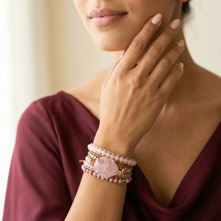 Rose Quartz Boho Wrap Bracelet for Love & Relationships - Lifestyle Female