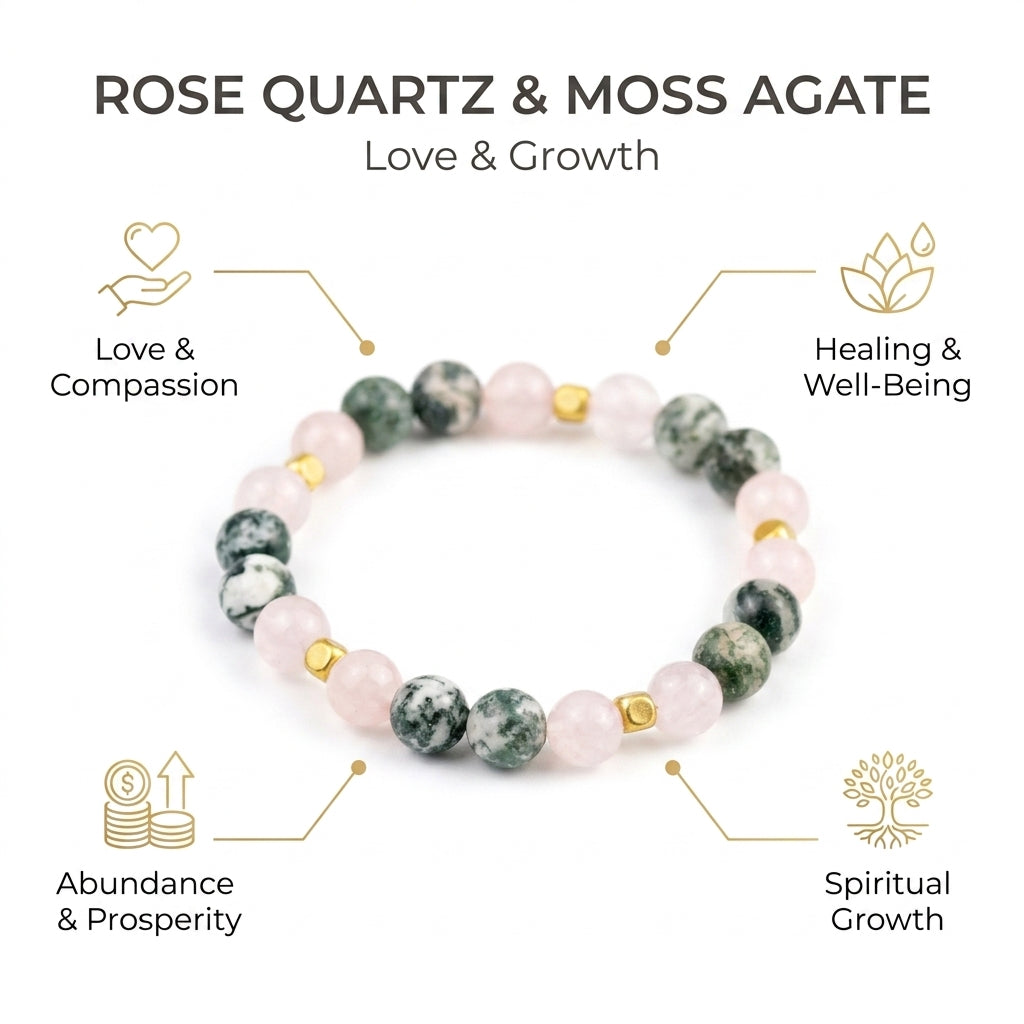 Rose Quartz and Moss Agate for Love abundance, growth, stability - Infographic