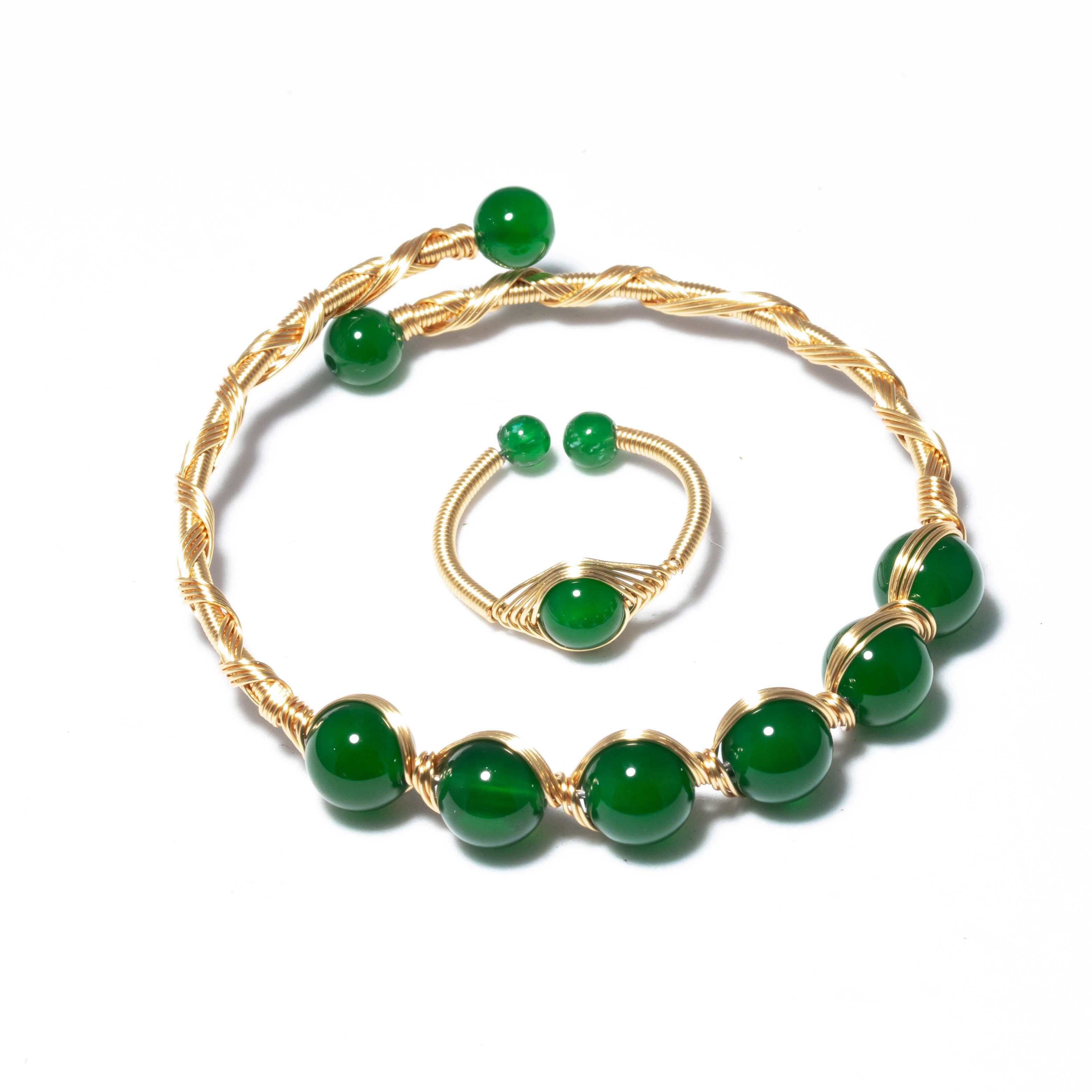 Green Jade Wire Bracelet & Ring Set for Peace & Balance