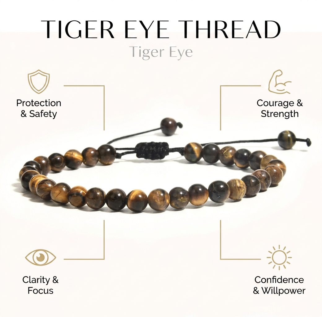 Tiger Eye Thread Bracelet for Protection & Courage - Infographic