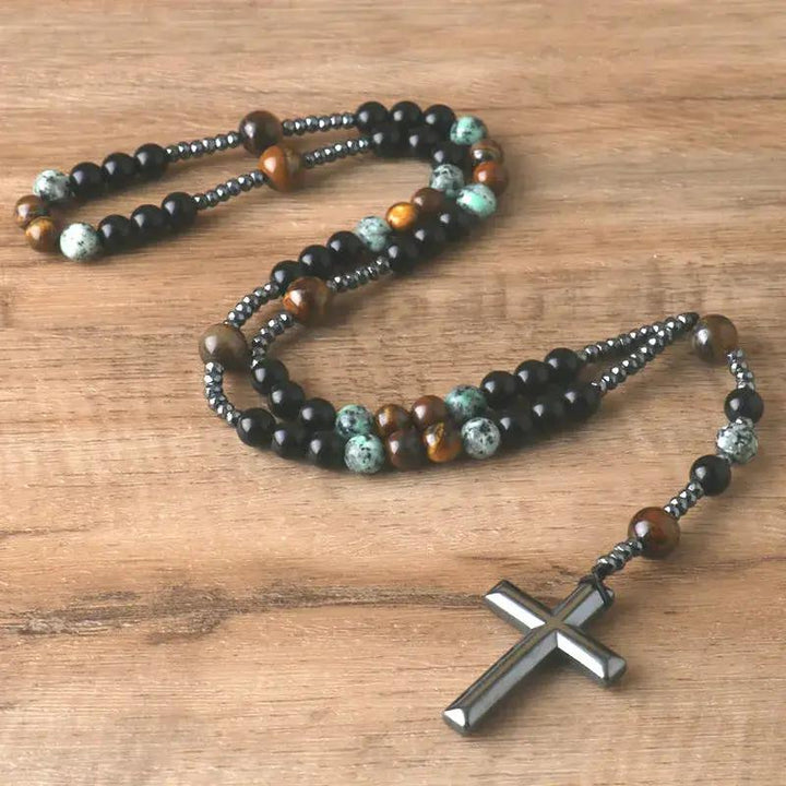 African Turquoise, Tiger Eye, Hematite, Agate Rosary for Protection & Growth  by Raw Spiritual