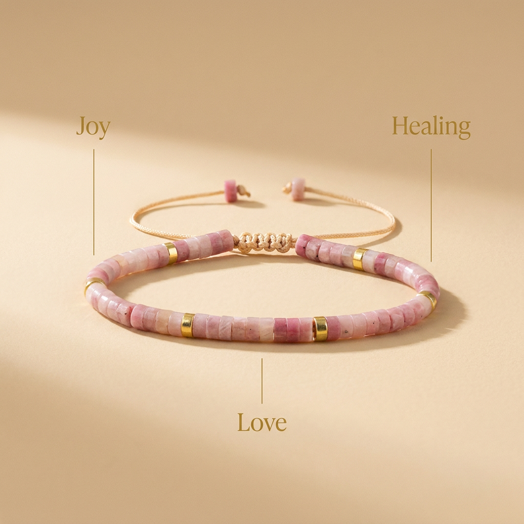 Rhodochrosite Braided Bracelet for Joy & Love - Infographic
