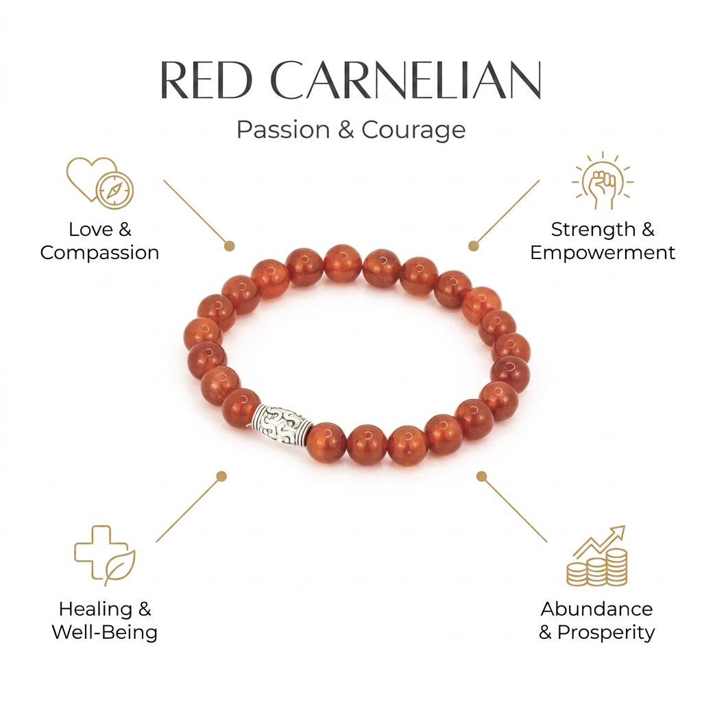 Red Carnelian for relationship, passion, courage, motivation. Zodiac:  Aries, Taurus, Leo - Infographic