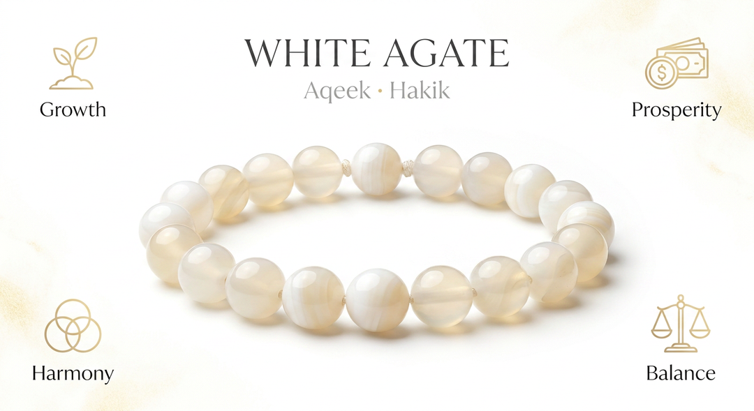 White Agate (Aqeek) Bracelet  Growth, Prosperity, Harmony - Infographic