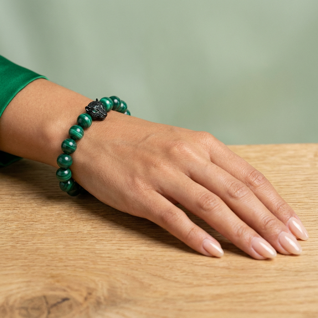 Malachite Bracelet with Leopard Charm for Change and Transformation - Lifestyle Female