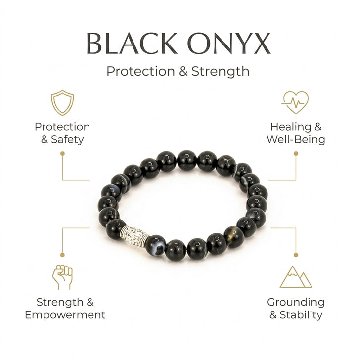 Black Onyx for stress relief, protection & strength - Infographic