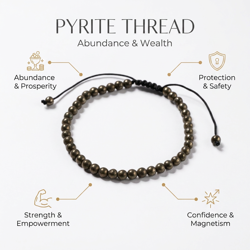 Pyrite Thread Bracelet for Abundance & Wealth - Infographic
