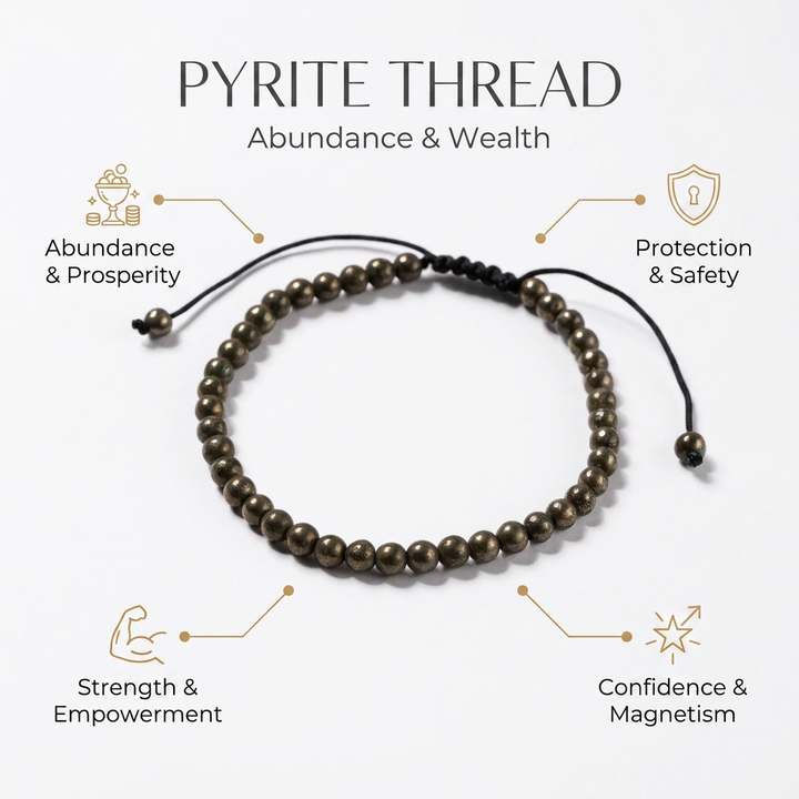 Pyrite Thread Bracelet for Abundance & Wealth - Infographic
