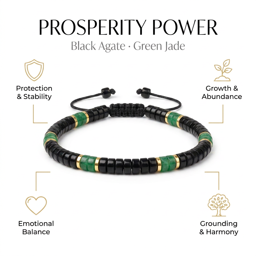 Black Agate & Jade Braided Bracelet for Prosperity - Infographic