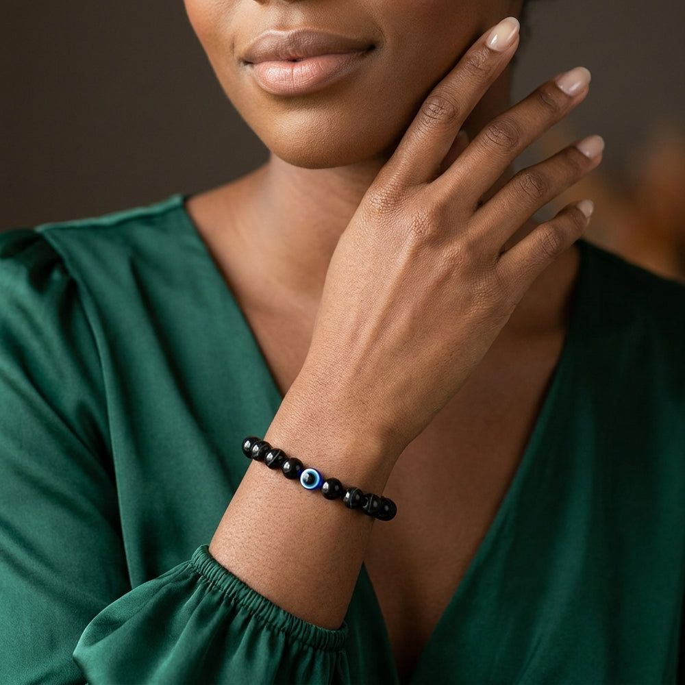 Black Tourmaline Evil Eye Bracelet for Protection & Purification - Lifestyle Female