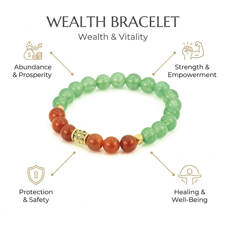 Wealth Bracelet with Red Carnelian and Green Aventurine for wealth, success, prosperity & success. Zodiac: All - Infographic