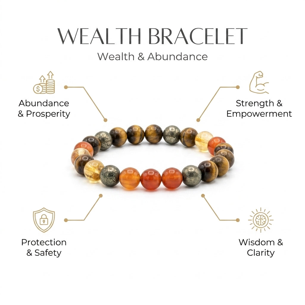 Wealth Bracelet with Citrine, Pyrite, Tiger Eye, Red Carnelian - Infographic