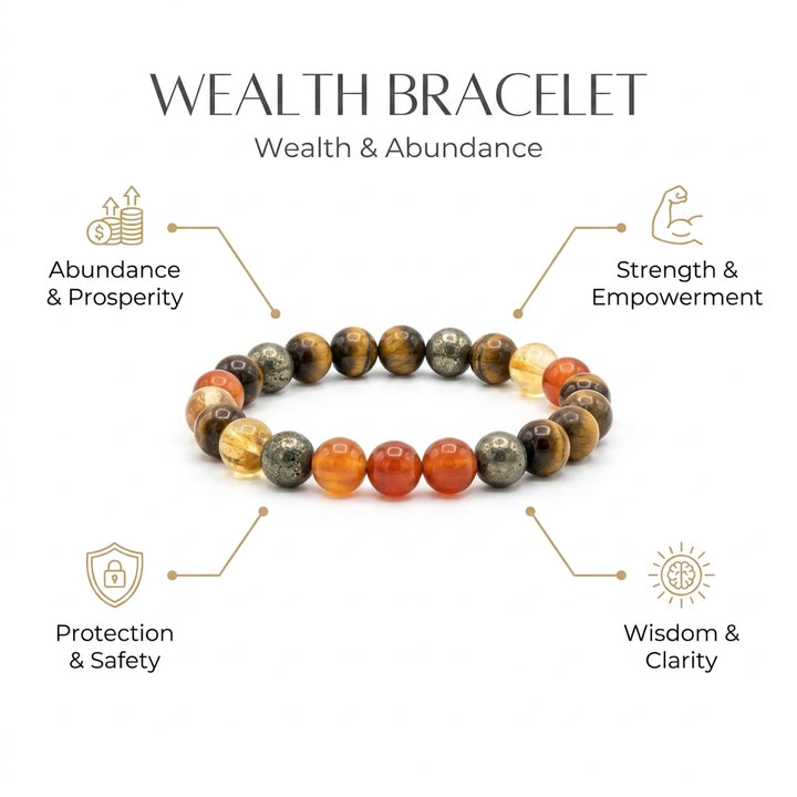 Wealth Bracelet with Citrine, Pyrite, Tiger Eye, Red Carnelian - Infographic