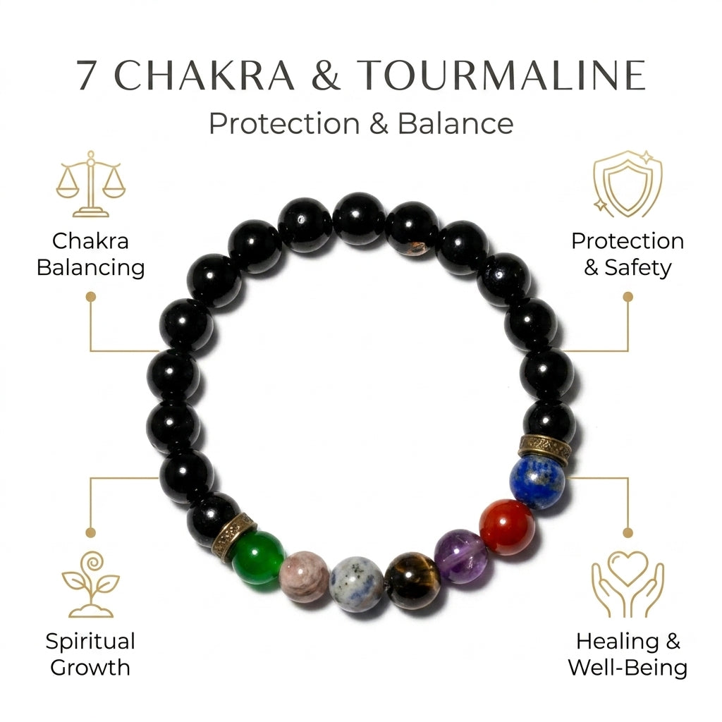 7 Chakra with Tourmaline Bracelet for Protection & Balancing - Infographic
