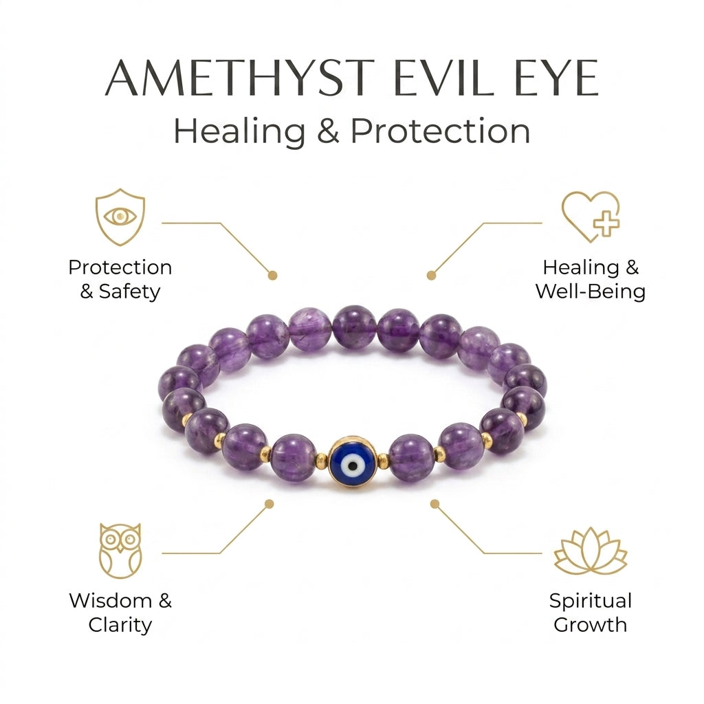 Amethyst Evil Eye Nazar Bracelet for Healing & Protection - Infographic