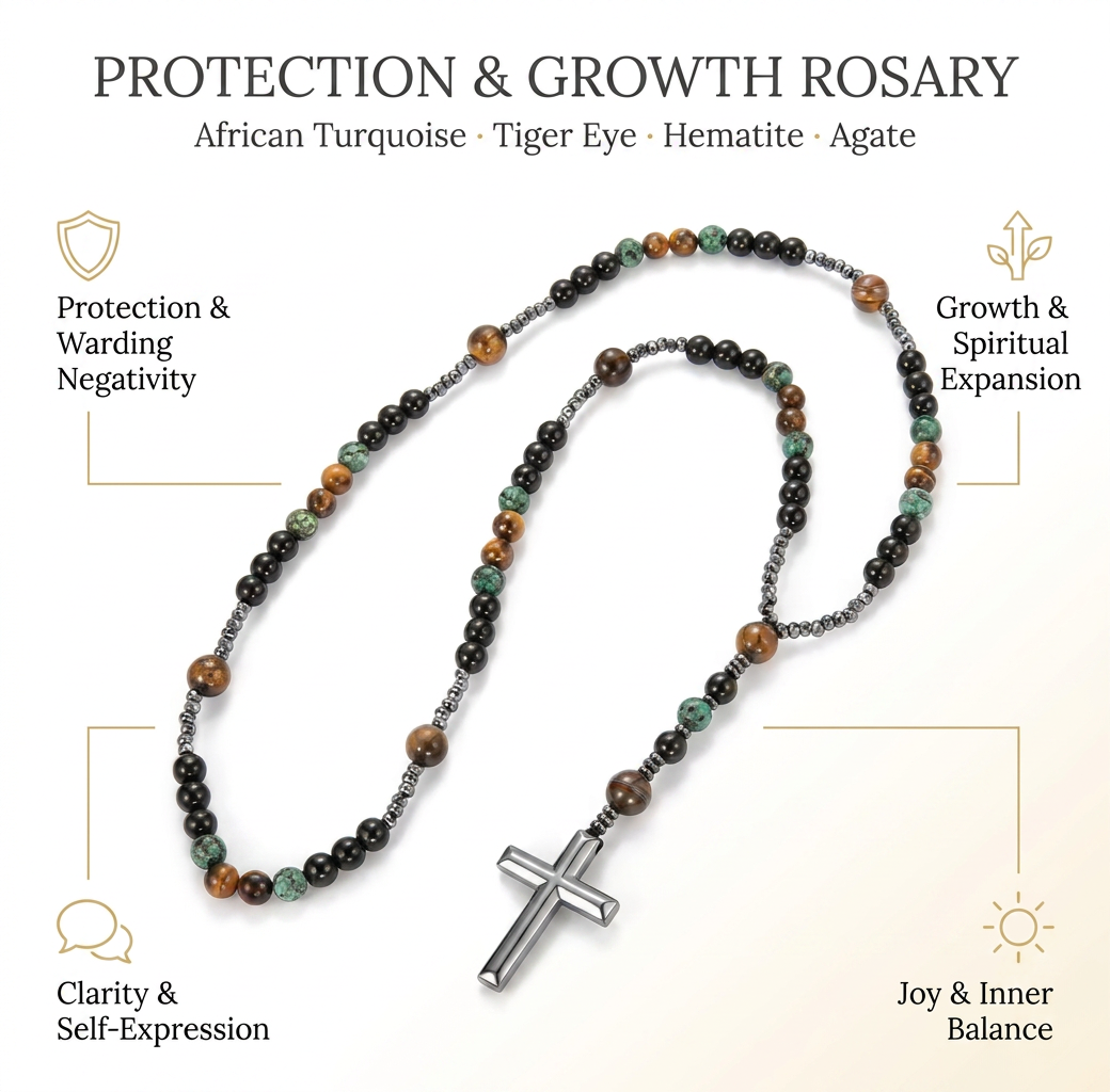 African Turquoise, Tiger Eye, Hematite, Agate Rosary for Protection & Growth - Infographic