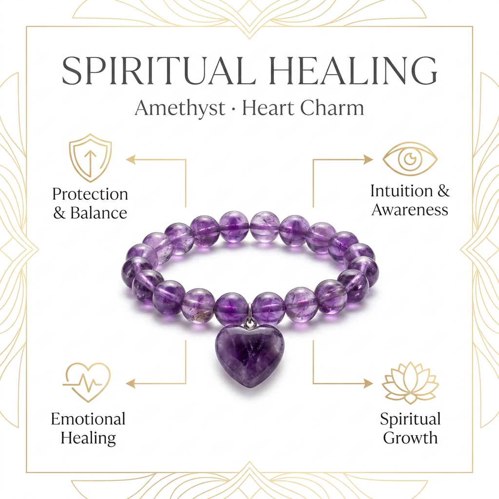 Amethyst Bracelet with Heart Charm for Healing & Spiritual Awareness - Infographic