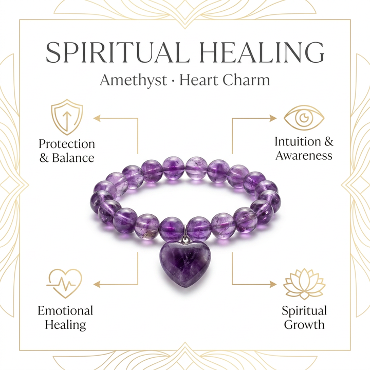 Amethyst Bracelet with Heart Charm for Healing & Spiritual Awareness - Infographic