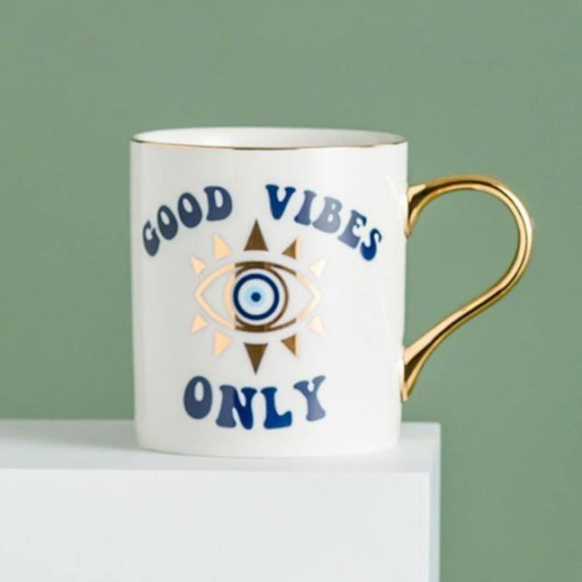 Good Vibes Only Evil Eye “Nazar” White Coffee Mug for Positivity