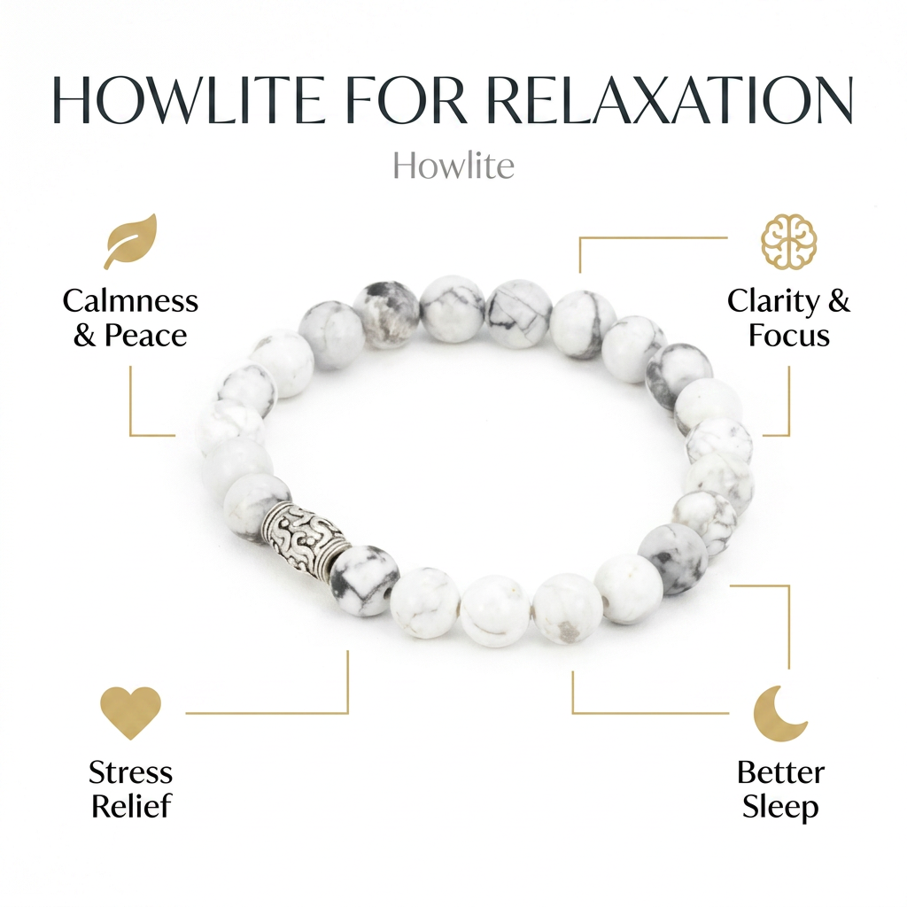 Howlite for relaxation, stress relief & mindfulness - Infographic