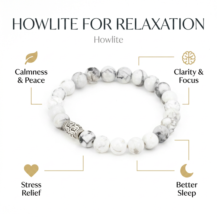 Howlite for relaxation, stress relief & mindfulness - Infographic