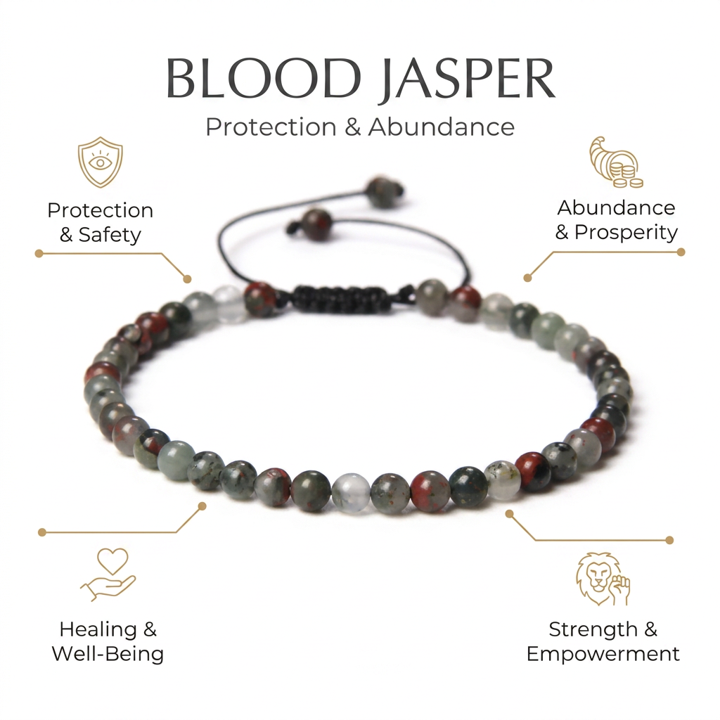 African Blood Jasper Thread Bracelet for Protection & Abundance - Infographic