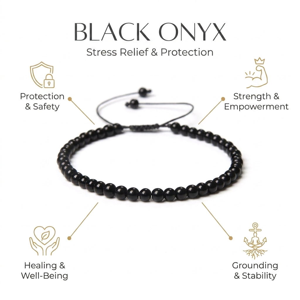 Black Onyx Thread Bracelet for Stress Relief & Protection - Infographic