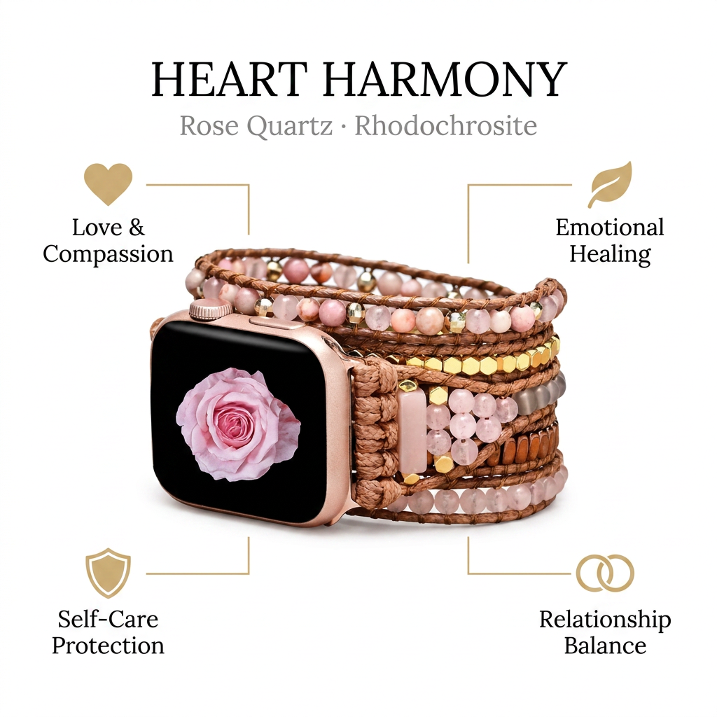 Rose Quartz & Rhodochrocite Wrap Bracelet for Apple Watch - Infographic
