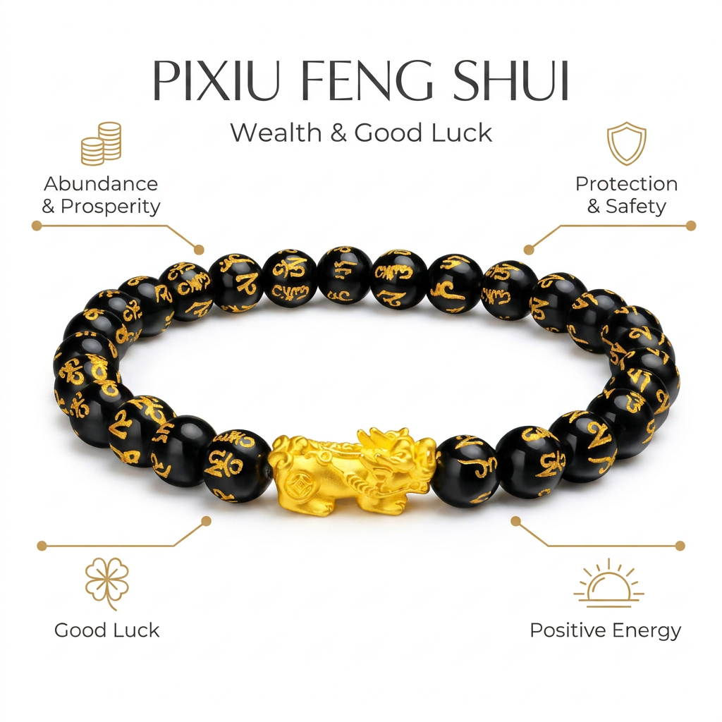 Pixiu (S925 with Gold Plating) Feng Shui Bracelet for Good Luck - Infographic