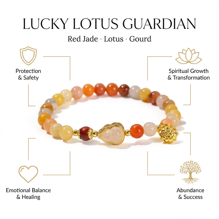 Jade Lucky Lotus & Gourd Feng Shui Bracelet - Infographic