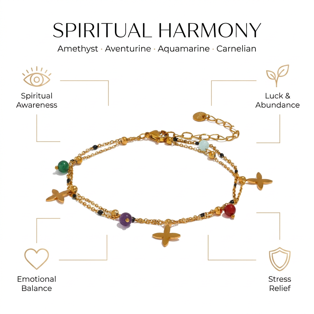 Amethyst, Aventurine, Aquamarine & Carnelian Bracelet Anklet - Infographic
