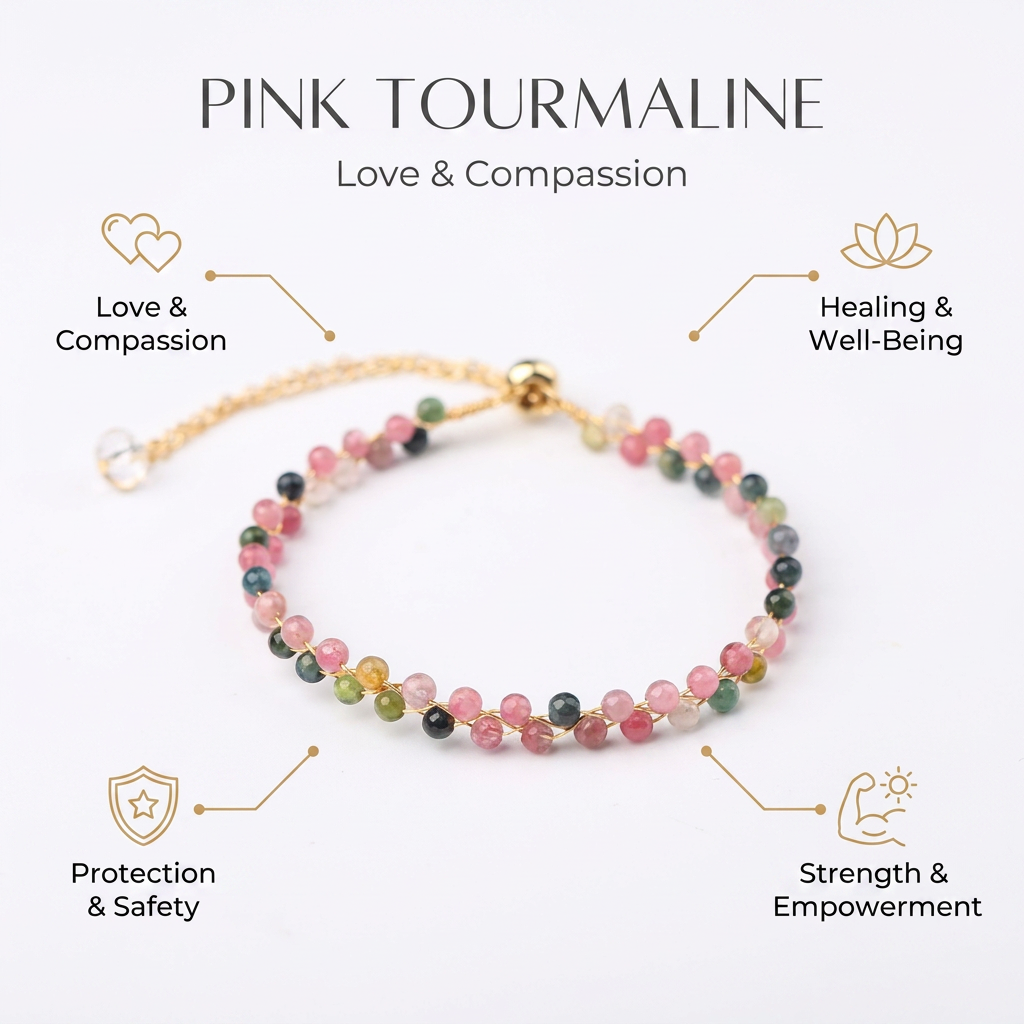 Pink Tourmaline Wired Bracelet for Love, Joy & Compassion - Infographic