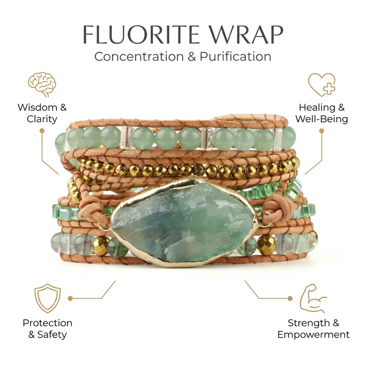 Flourite Boho Wrap Bracelet for Concentration & Purification - Infographic