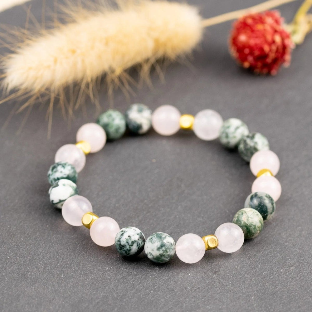 Rose Quartz and Moss Agate for Love  abundance, growth, stability. Zodiac: Taurus, Scorpio, Aquarius Yiwu Shanmei Jane