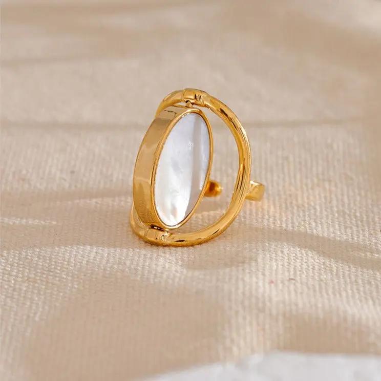 Rhodochrosite & Shell Reversable Ring for Love & Joy  by Raw Spiritual