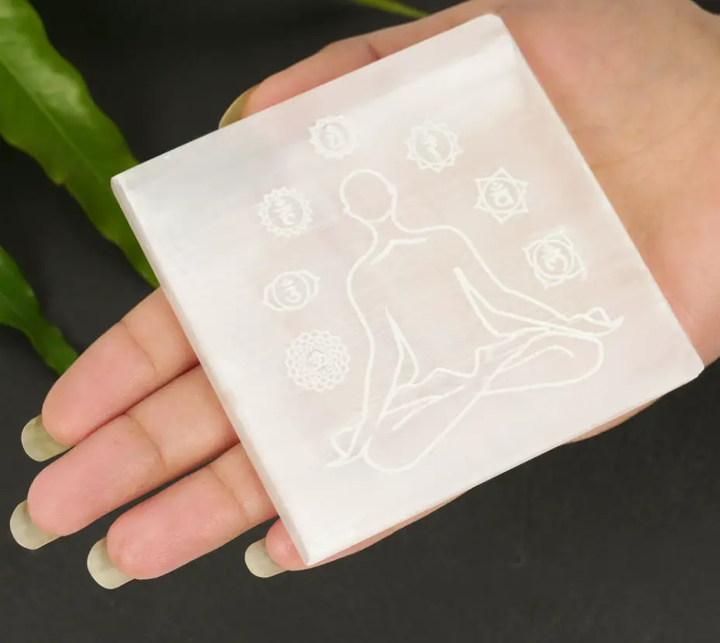 Selenite Charging Square Plate with Chakra Pattern  by Raw Spiritual