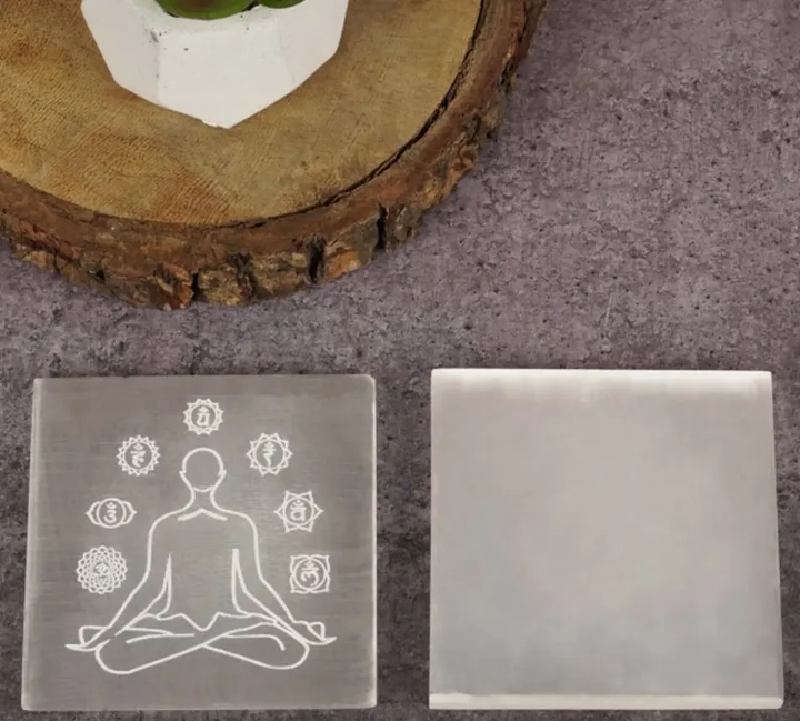 Selenite Charging Square Plate with Chakra Pattern  by Raw Spiritual