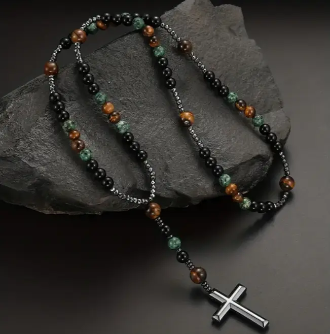 African Turquoise, Tiger Eye, Hematite, Agate Rosary for Protection & Growth  by Raw Spiritual