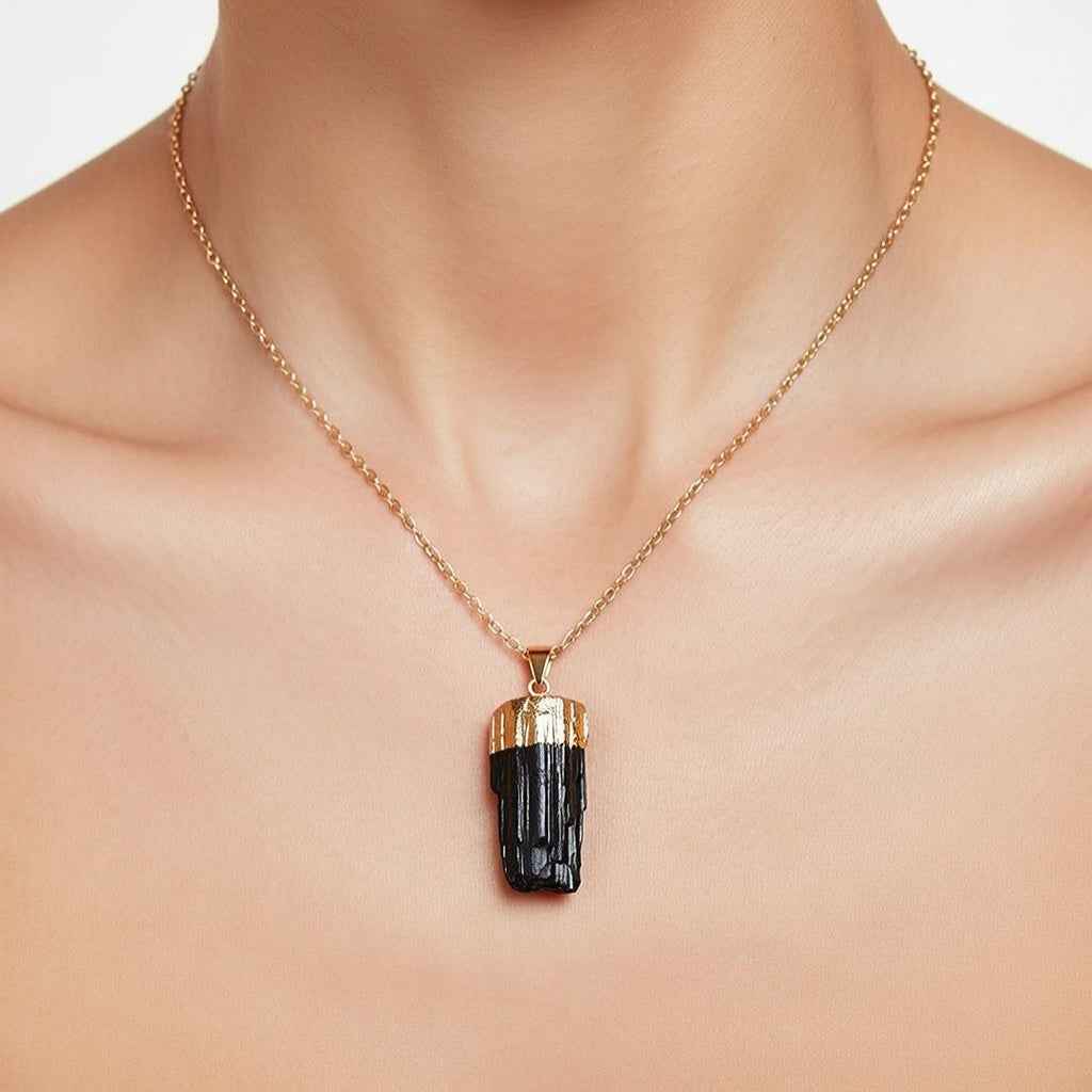 Raw Black Tourmaline Pendant in S925 Chain for Protection