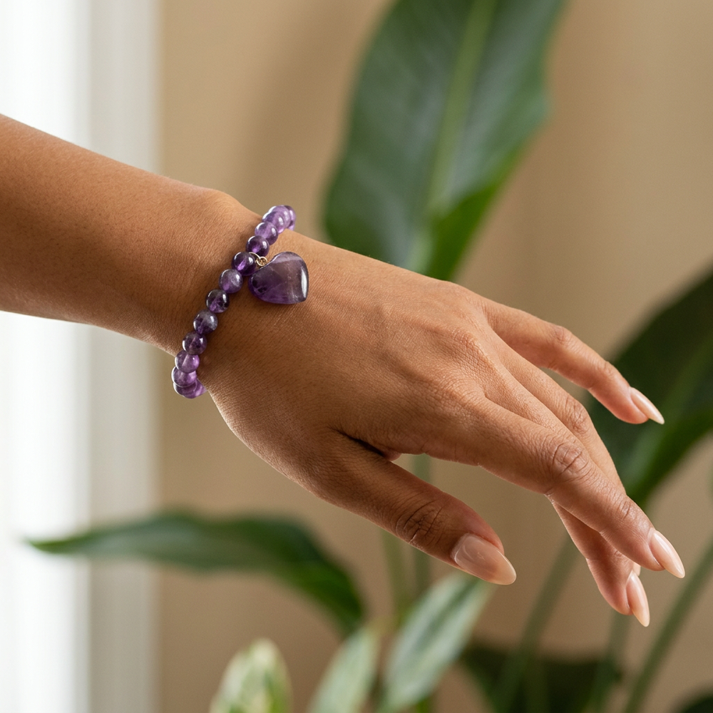 Amethyst Bracelet with Heart Charm for Healing & Spiritual Awareness - Lifestyle F