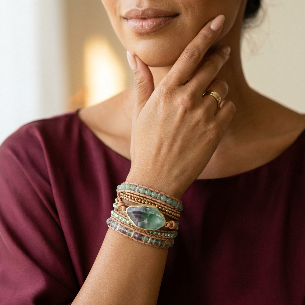 Flourite Boho Wrap Bracelet for Concentration & Purification - Lifestyle Female