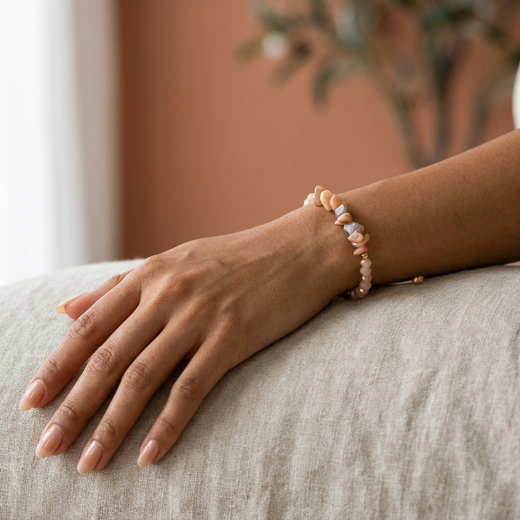 Peach Aventurine Chip Adjustable Bracelet for Abundance & Happiness - Lifestyle F
