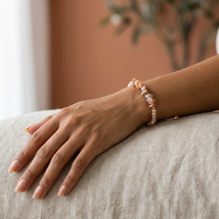Peach Aventurine Chip Adjustable Bracelet for Abundance & Happiness - Lifestyle F
