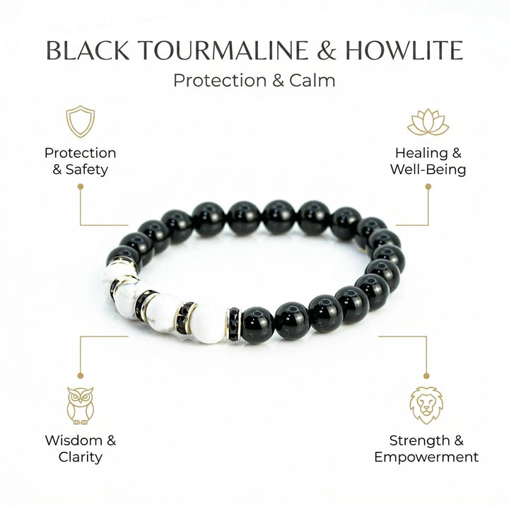 Black Tourmaline & Howlite Bracelet for protection, calmness & patience - Infographic